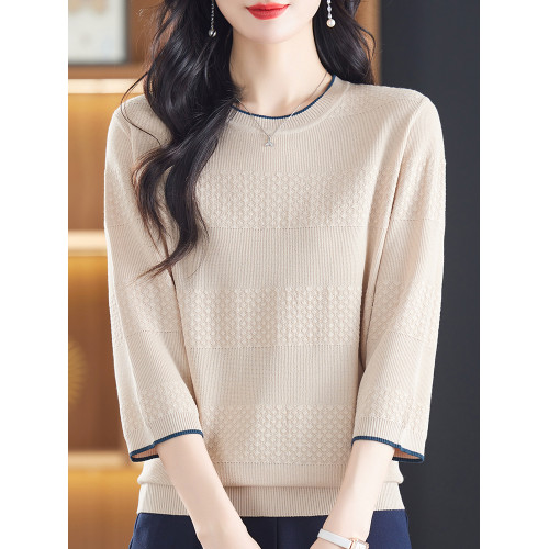 冰絲針織衫上衣女秋季新款媽媽裝寬松大碼洋氣小衫薄款中袖打底衫