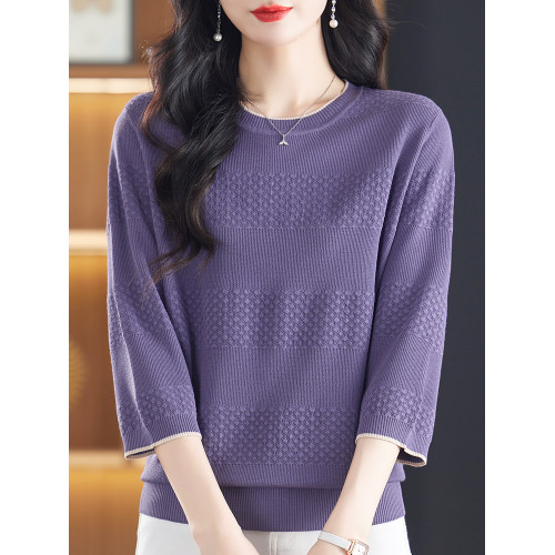 冰絲針織衫上衣女秋季新款媽媽裝寬松大碼洋氣小衫薄款中袖打底衫