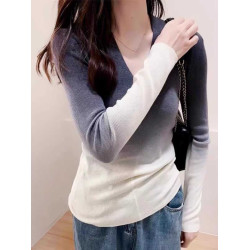 氣質減齡漸變色V領套頭打底衫女冬季新款修身百搭螺紋針織上衣薄