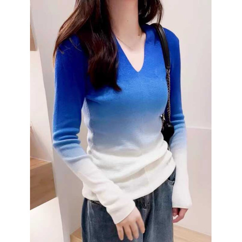 氣質減齡漸變色V領套頭打底衫女冬季新款修身百搭螺紋針織上衣薄