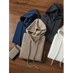 時尚帽衫100%純山羊絨衫男提花連帽打底衫冬季保暖休閒針織衫潮流