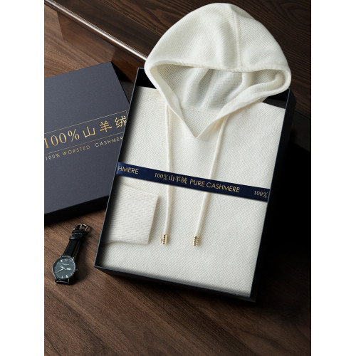 時尚帽衫100%純山羊絨衫男提花連帽打底衫冬季保暖休閒針織衫潮流