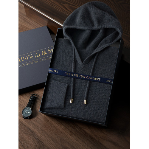 時尚帽衫100%純山羊絨衫男提花連帽打底衫冬季保暖休閒針織衫潮流