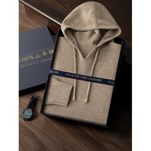 時尚帽衫100%純山羊絨衫男提花連帽打底衫冬季保暖休閒針織衫潮流