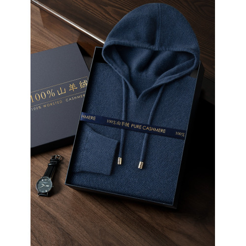 時尚帽衫100%純山羊絨衫男提花連帽打底衫冬季保暖休閒針織衫潮流