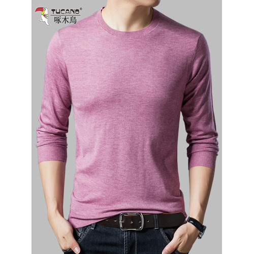 啄木鳥毛衣男春秋薄款圓領羊毛針織打底衫中青年休閒純色V領體恤T