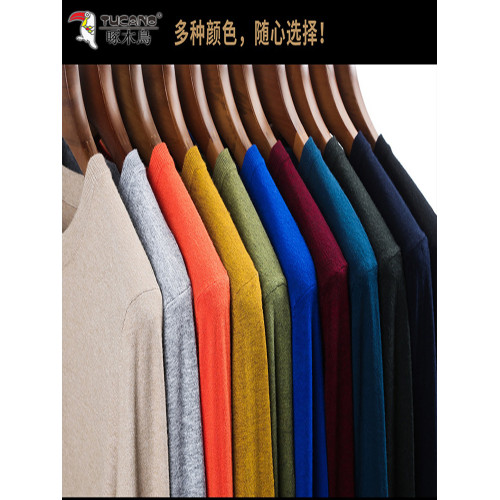 啄木鳥毛衣男春秋薄款圓領羊毛針織打底衫中青年休閒純色V領體恤T