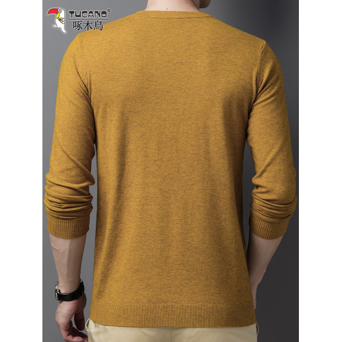 啄木鳥毛衣男春秋薄款圓領羊毛針織打底衫中青年休閒純色V領體恤T