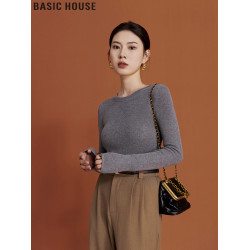 Basic House/百家好簡約修身內搭灰色圓領長袖針織打底衫女士秋季