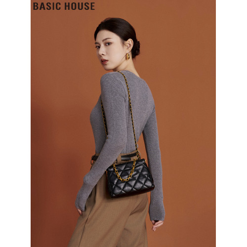 Basic House/百家好簡約修身內搭灰色圓領長袖針織打底衫女士秋季