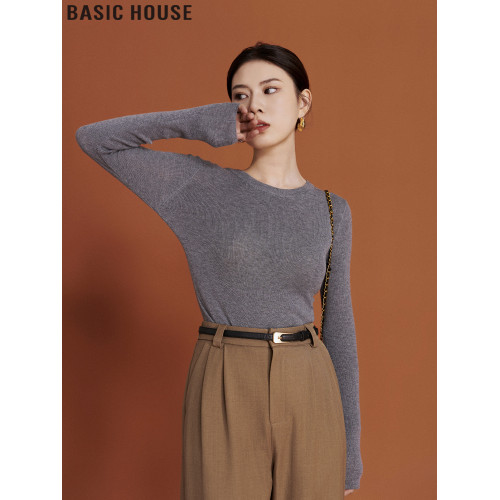 Basic House/百家好簡約修身內搭灰色圓領長袖針織打底衫女士秋季