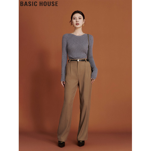 Basic House/百家好簡約修身內搭灰色圓領長袖針織打底衫女士秋季