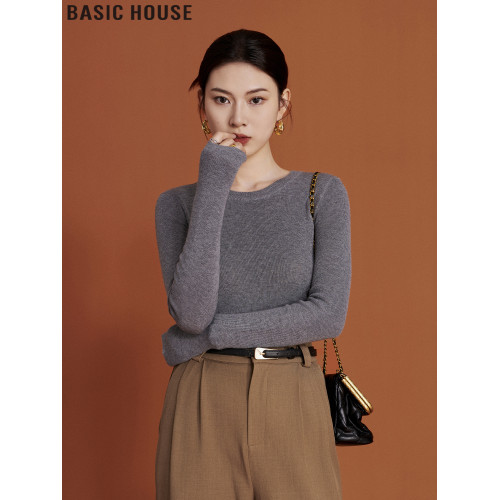 Basic House/百家好簡約修身內搭灰色圓領長袖針織打底衫女士秋季