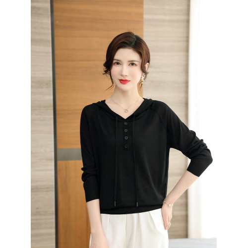 冰絲針織打底衫女士春夏季連帽薄款上衣2025新款T恤媽媽長袖衛衣