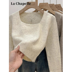 拉夏貝爾針織打底衫女秋季2024新款法式方領毛衣洋氣內搭短款上衣