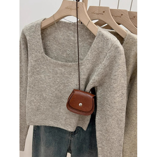 拉夏貝爾針織打底衫女秋季2024新款法式方領毛衣洋氣內搭短款上衣