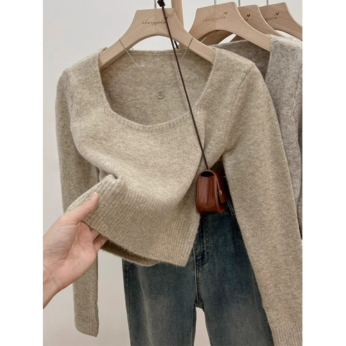 拉夏貝爾針織打底衫女秋季2024新款法式方領毛衣洋氣內搭短款上衣