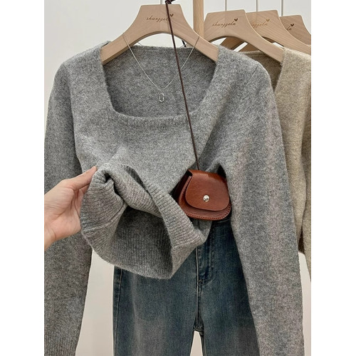 拉夏貝爾針織打底衫女秋季2024新款法式方領毛衣洋氣內搭短款上衣