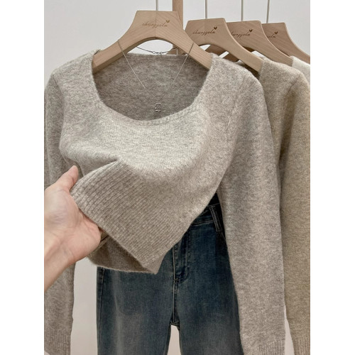 拉夏貝爾針織打底衫女秋季2024新款法式方領毛衣洋氣內搭短款上衣