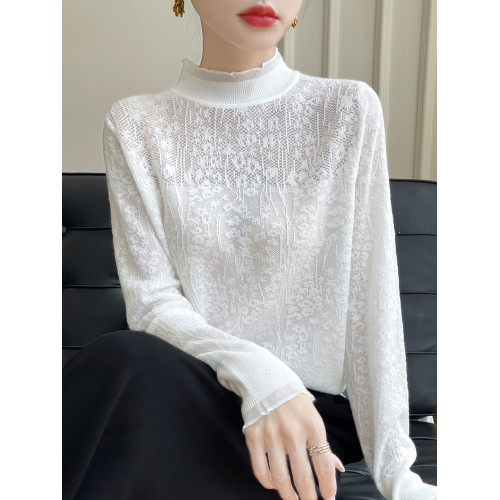 蕾絲打底衫女2025新款春秋半高領洋氣針織上衣加大碼女裝秋冬毛衣