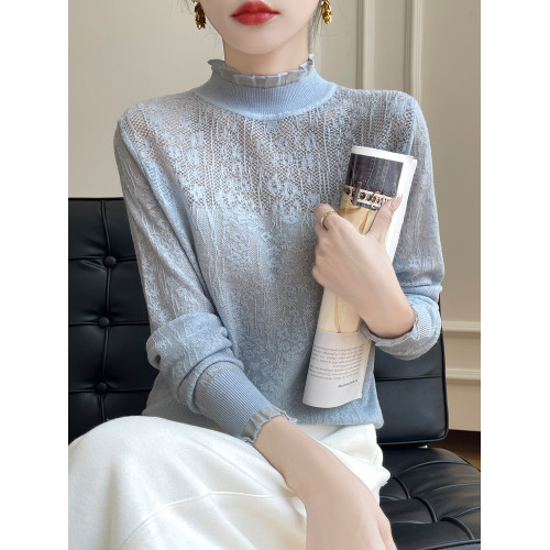 蕾絲打底衫女2025新款春秋半高領洋氣針織上衣加大碼女裝秋冬毛衣