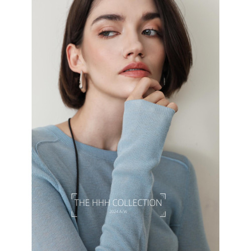 3HLADY 120S極細黃金羊毛 明鼓挑縫工藝小圓領針織衫打底衫