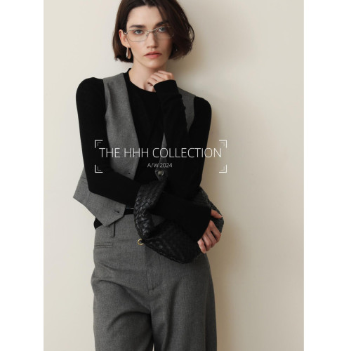 3HLADY 120S極細黃金羊毛 明鼓挑縫工藝小圓領針織衫打底衫