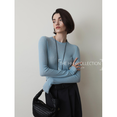 3HLADY 120S極細黃金羊毛 明鼓挑縫工藝小圓領針織衫打底衫