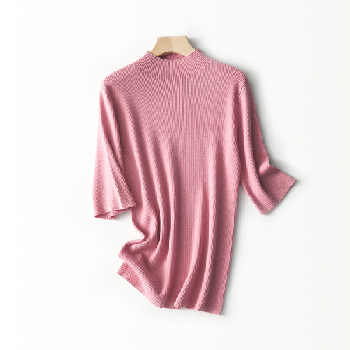 福利款~輕盈軟糯舒適~氣質薄款彈力修身顯瘦小高領半袖針織打底衫