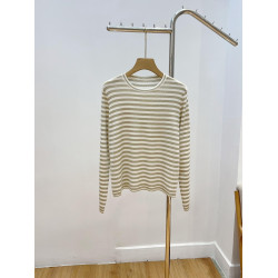 簡約百搭條紋圓領打底衫羊毛混紡柔軟親膚長袖針織衫薄款上衣女秋