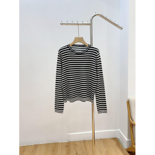 簡約百搭條紋圓領打底衫羊毛混紡柔軟親膚長袖針織衫薄款上衣女秋