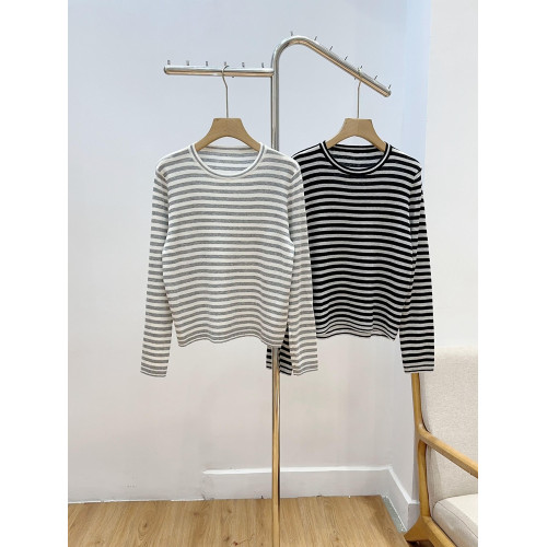 簡約百搭條紋圓領打底衫羊毛混紡柔軟親膚長袖針織衫薄款上衣女秋