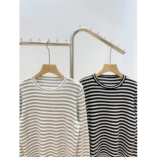 簡約百搭條紋圓領打底衫羊毛混紡柔軟親膚長袖針織衫薄款上衣女秋