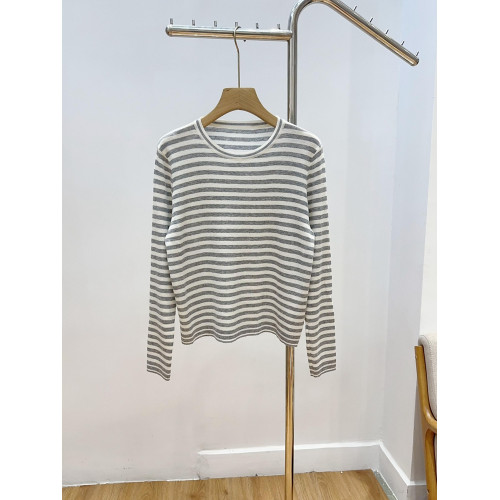 簡約百搭條紋圓領打底衫羊毛混紡柔軟親膚長袖針織衫薄款上衣女秋