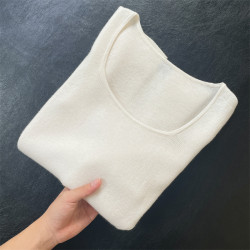 無縫精紡100細羊毛方領針織打底衫女內搭露鎖骨修身薄毛衣通勤潮