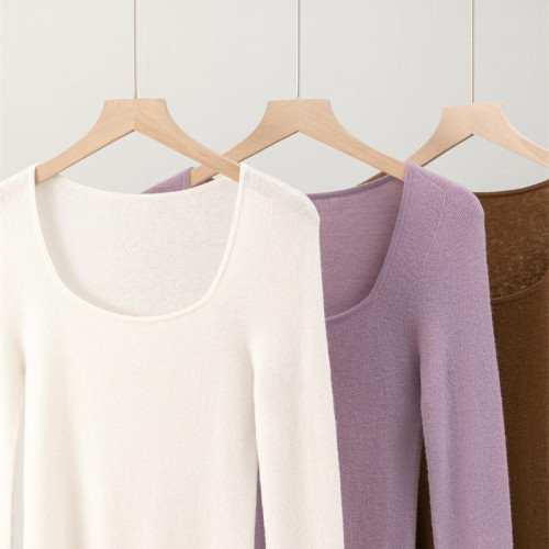 無縫精紡100細羊毛方領針織打底衫女內搭露鎖骨修身薄毛衣通勤潮