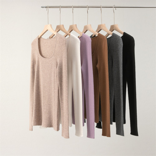 無縫精紡100細羊毛方領針織打底衫女內搭露鎖骨修身薄毛衣通勤潮