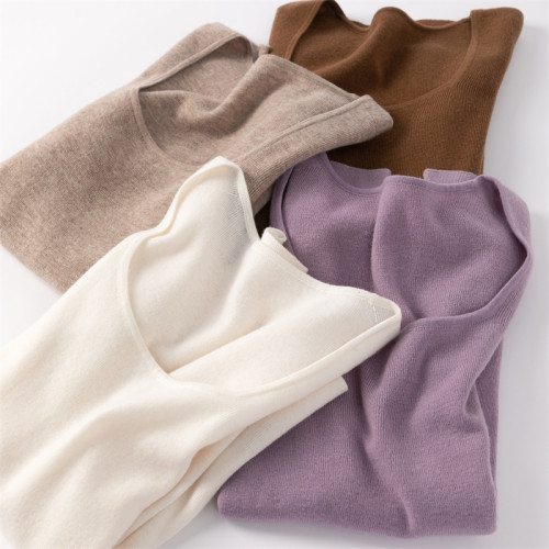 無縫精紡100細羊毛方領針織打底衫女內搭露鎖骨修身薄毛衣通勤潮