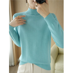 100%純棉針織衫女半高領秋冬新款長袖寬松百搭套頭全棉打底衫毛衣