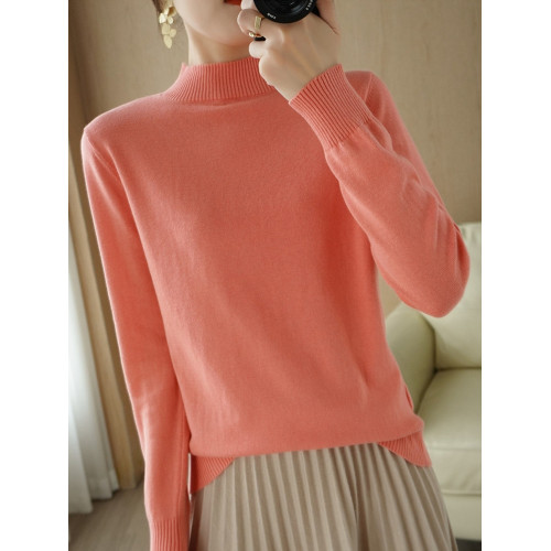 100%純棉針織衫女半高領秋冬新款長袖寬松百搭套頭全棉打底衫毛衣