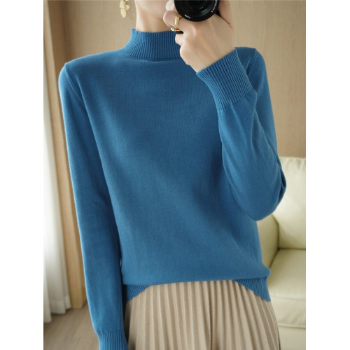 100%純棉針織衫女半高領秋冬新款長袖寬松百搭套頭全棉打底衫毛衣