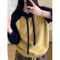 套頭拼色羊毛針織打底衫女秋冬新款連帽百搭保暖內搭帽衫羊絨毛衣