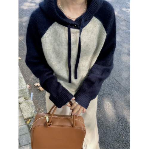 套頭拼色羊毛針織打底衫女秋冬新款連帽百搭保暖內搭帽衫羊絨毛衣