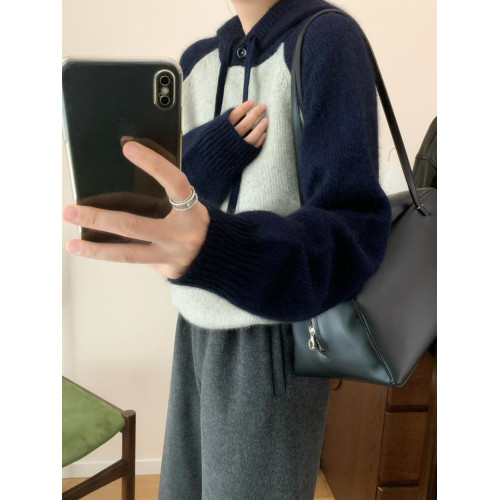 套頭拼色羊毛針織打底衫女秋冬新款連帽百搭保暖內搭帽衫羊絨毛衣