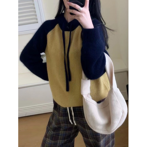 套頭拼色羊毛針織打底衫女秋冬新款連帽百搭保暖內搭帽衫羊絨毛衣