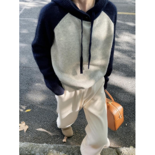 套頭拼色羊毛針織打底衫女秋冬新款連帽百搭保暖內搭帽衫羊絨毛衣