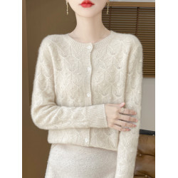 羊毛開衫女士圓領鏤空外套秋冬羊絨針織衫寬松洋氣打底衫薄款毛衣