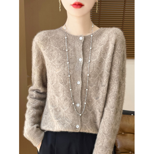 羊毛開衫女士圓領鏤空外套秋冬羊絨針織衫寬松洋氣打底衫薄款毛衣