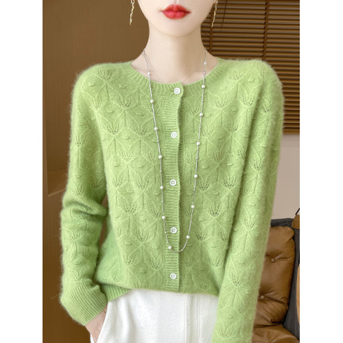 羊毛開衫女士圓領鏤空外套秋冬羊絨針織衫寬松洋氣打底衫薄款毛衣