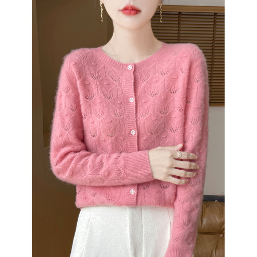 羊毛開衫女士圓領鏤空外套秋冬羊絨針織衫寬松洋氣打底衫薄款毛衣